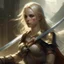 Placeholder: pretty woman, blonde, conventionally attractive, fighter, greatsword, elf, dramatic