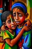 Placeholder: a girl hug her brother and both crying sadly, expressionism, Pixar style, in abstract art Basquiat, Picasso, Miro, Kandinsky, Klee, Birell, Fairey, Ardon, Buffet aand Picasso style, HD --s 750 --v 5.1 --style raw, water color