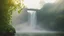 Placeholder: Cinematic slow motion: waterfall flowing in background, mist rising, river water rippling and reflecting, ivy leaves gently swaying on the yellow building, birds flying slowly in sky, subtle parallax camera push-in toward the bridge