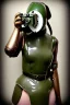 Placeholder: Steam-punk style random-mask. Large fencing mask covers cheeks. Trim girls. Reflective white plastic skin. Camera lenses as eyes. Head full of integrated old-fashioned cameras. Army green surfaces body, latex. Perfect body, thick thighs and calves. Asa Akira. SElfie with old-fashioned cameras in both hands. Wide hip, skirt bleats nicely. Camera at mons veneris. Partly symmetrical. Black wide leather belt with camera. Euclidean 3D-tiling walls. surrealistic atmospher