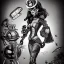 Placeholder: great illustrator, spanish, pencil sketch of a cute girl, beautiful, steampunk syle, black and white. Helmet with tubes. venetian mask. Machinery in the background. robotic birds flying. High details.