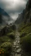 Placeholder: narrow stone path above the ground gradually getting higher into the clouds no railings, dangerous drop people in black leathers medievil period weather is wet spiraling into the clouds fantasy, a mountain with waterfall showing in the background