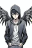 Placeholder: Anime man with black wings realistic, wearing a hoodie