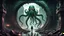 Placeholder: Please generate an image with CTHULU stepping through a portal in a ruined city and add a Cyberpunk flair. Make sure this image is ultimately epically awesome