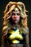 Placeholder: portrait, Shakira, blonde, angry, Realistic image, superhero, retro, watchmen style, gold make-up, blood, sweat, fog, goddess style, Neon colors, leds. Black background, photo studio, concept art, smooth, unreal engine 5, god lights, ray tracing, RTX, lumen lighting, ultra detail, volumetric lighting, 3d, finely drawn, high definition, 4k.