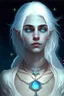 Placeholder: hauntingly beautiful character for dnd, young woman with white hair and blue eyes, angel, with moon necklace