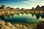 Placeholder: lagoon, rocks, distant mountains, arid land, desert, pond, rocks, distant city, epic