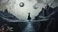 Placeholder: painted inner world with neurodivergens mind and soul, floating doors over surreal cracked weird landscape . one thin bridge over big black river, alone human woman figure black shilutte in big hat in neuoron web. deep dark colors, with silver and black. Whimsical strange style of Chagall, and of Anton Semenov. weird absurd beauty nightmare, black shadows, in background cyber neuronic network, surreal vibe, nightmare
