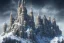 Placeholder: fortress like minas tirith on the side of a singular snowy mountain with a single tiny man standing infront of it in dark fantasy style with dark sky