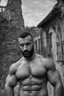 Placeholder: half figure shot photography of a burly ugly 30 year old italian boxer with big broken nose, very long muslim black beard, muscular beefy man shirtless, manly chest, big shoulders, short hair, photorealistic