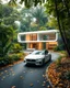 Placeholder: Cozy retreat, futuristic modern house in an tropical forest of vibrant colors. Contemporary design, clean lines and large windows, radiate a feeling of warmth and comfort. A white car parked on the winding road that leads to the house gives a touch of modernity to the rustic surroundings. The path is scattered with leaves. Around the house, mix of green, blue and yellow foliage. 8k