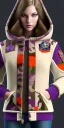 Placeholder: Brunette woman. average body type, think thighs and thick calves. Mantle is sewed of recycled Denim and sewed together of camouflage pieces. Printed camouflage figures are orange,terracotta, cream and purple. It is with big bright purple felt tippet and cream-colored-hood. mantle is merged with satchel. . AKG-style headphones (gold rings!) is merged with small felt cap with small visor. Style: Haute Couture in 1936, Paris fashion in 2023, inspired by street art. Cream latex gaiter.