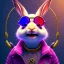 Placeholder: pixar style anamorphic cute smiling baby rabbit, smiling, cyberpunk headphone, sunglass, gangsta gold necklaces, full body, magenta puffer jacket, manila city background, dramatic lighting, hyper realistic, unreal engine 5, 16k