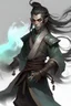 Placeholder: A young Air genasi from dnd with ashesen skin and asian flowing hair herematerial smoke Monk attire with ash giant Black Smoke Some hair Which Moke around him