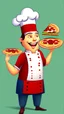 Placeholder: A design of a chef holding A plate of pizza his hand in a professional manner, without the background, He smiles and closes one of his eyes, cute cartoon ,Only his upper body is shown