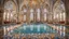 Placeholder: Superb symmetrical pictorial multicoloured mosaic floor, swimming pool, bathers, swimmers, water feature, walls with pictures of bathers and swimmers, symmetrical cathedral style high ceiling, relaxation, romance, luxury, dream world, calm beauty, perfect symmetry, fantasy world, magic, beautiful symmetrical composition, exquisite detail, 85mm lens, adjust perspective, chiaroscuro, night, darkness, dramatic lighting