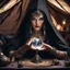 Placeholder: Hyper Realistic photographic-view of Wicked-&-Beautiful-Fortune-teller wearing black-beed-necklace-&-bracelet angrily Looking at her crystal-ball glowing magically & sitting in her tent decorated with fancy-traditional-ornaments-&-feathers showing dramatic & cinematic ambiance"