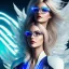 Placeholder: A beautiful portrait of a cute smiling cyberpunk woman with wings, long blond haire, high key lighting, volumetric light high details with white stripes and feathers and blue celtic paterns and glasses starry background