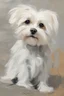 Placeholder: This image is a striking painting of a maltese terThe dog is facing forward with a slightly tilted head, giving it a curious and endearing expression. Its fur is rendered with expressive, textured impasto brushstrokes in earthy tones—creamy whites, browns, and hints of gray—that create a sense of depth and movement. The background is a soft, muted gray, which contrasts with the warm tones of the dog and helps it stand out as the focal point. The overall style blends realism with impressionism