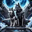 Placeholder: front in picture an of little dark dog like creature looking an anthropomorphic wolf couple that sitting on the spaceship's ramp close together, the female wolf sits behind male wolf and puts one paw on the wolfman's shoulder, raini day, high contrast, high detalied, high realistic, in background detail of a spaceship is visible. Rain, The atmosphere is a seamless blend of sci-fi and dark fantasy mood, professional photo