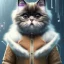 Placeholder: Cyberpunk Portrait of cyborg Persian cat child with brown hair and with cute face, north pole snowy vibe , perfect composition, hyperrealistic, super detailed, 8k, high quality, trending art, trending on artstation, sharp focus, studio photo, intricate details, highly detailed, by greg rutkowski