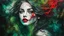 Placeholder: old worn torn, multi-layered cracked canvas, fine detailing with alcohol ink, Captivating realistic painting of a WOMAN, fair face, red lips, splashes of color, HORNS, FANGS, BLOODY TEARS, Multiple exposure, fluffiness, her face is illuminated, her hair merges with swirling fractal vines and tree roots, dark green foliage, symbolizing the unity of strength and wild nature. Flowing hair dissolves into intricate, endless patterns, as if they are protectors and part of the same organic force. Moon