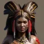 Placeholder: Maori woman, rounded face, blood, black, gold, brown, samurai helmet, decorative color feathers, retro, bamboo, leather, soft color, highly detailed, art stations, concept art, smooth, unreal engine 5, god rays, ray tracing, RTX, lumen lighting, ultra detail, volumetric lighting, 3d, finely drawn, high definition, high resolution.