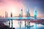 Placeholder: Dreamlike Skyline of Downtown futuristic hightech city in 4050 and a stunning futuristic Bridge During Sunlight with dark grey clouds in sky, over the azur-silver color river, cold colors, come storm, high detalied, sci-fi, landscape