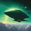 Placeholder: [art by Moebius] A dark green spaceship with two large engines on the sides is flying through clouds. It has a triangular shape and looks like it could be from Star Wars or Blade Runner. It's leaving behind a long trail of light as its engine fires off on one side. A planet can be seen far away above the ship. Photorealistic in the style of concept art.