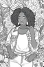 Placeholder: black curvy woman wearing jeans, eyes front camera coloring page floral background