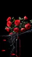 Placeholder: The image is a digital artwork that depicts a branch of tree of Red roses and leaves tangling in to a water in the river with aThe rose floats on the surface of the water, creating a wave-like effect. The background is black, which makes a branch of a tree of red roses stand out even more. Water droplets are scattered adding to the dreamy, ethereal quality of the image.all leaves and background are red. A bottle of red wine in front