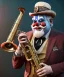 Placeholder: mechanoid old friendly fat clown with trimmed beard playing jazz with a steampunk theme, trumpet, realistic