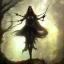 Placeholder: frank frazetta style, witch in the forest, dusk