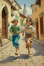 Placeholder: 2 maxican childeren running traditional clothes painting neoclassism in a traditional mexican city