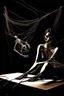 Placeholder: a surreal abstract image of a woman seated on a table, she is connected to string like a puppet, arms in air, moved by the strings, puppet like features in the face, beautiful face, looks desperate to break free, behind her is a huge image of a man holding the strings, creepy character,.zoomed in, dark and shadowy background with selective lighting on the woman