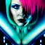 Placeholder: portrait oil on canvas, beautiful punk busty female Cyborg, looking to viewer, sad green eyes, post-apocalyptic in a cyberpunk city,minimal skintight suit, blade runner, comic book cover, mystical colors, CYAN, neon, insanely detailed,realistic,intrincate detail, 16k resolution, masterpiece, Adam hughes