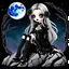 Placeholder: logo from whimsical, cute kawaii gothic style anime girl, pale face, dark eyes, goth laced dress, boots, expressive eyes, goth make up, dark lips, messy long hair with hair clips, she is sitting on the rock, deep night, in background big full moon, eerie athomosphere, gothic, mystic atmosfere, Cartoon style