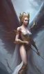 Placeholder: Female angel with beautiful perfect face big wings and golden crown floating above the ground in the dark enviroment, anatomically correct, michelangelo style, detailed, world of warcraft style, dark forest, trees, painting, brush strokes, 8k, dark forest in the background, dramatic camera view