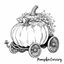 Placeholder: Make black and white cute drawing of a Pumpkin Carriage with black bold lines. Only outline, no grayscale. A large, glowing pumpkin transformed into a whimsical carriage with wheels made of vines and a golden roof. Include a cute mouse driver or magical sparkles surrounding the carriage.