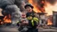 Placeholder: Hyper Realistic Photographic-Close-view of a firefighter-mother with her uniform carrying-protectively-her-crying-baby outside her burning-home with cloudy-sunset-behind showing dramatic & cinematic ambiance