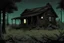 Placeholder: night, administrative large cabin, overgrown, post-apocalyptic, comic book,