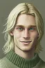 Placeholder: Realistic young man, longish blond hair, droopy green eyes, angular facial feature, grey sweater, white skin, gentle smile