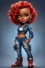 Placeholder: create an airbrush illustration of a chibi cartoon voluptuous black female wearing a blue jean outfit with biker boots. Prominent make up with hazel eyes. Extremely highly detail of a very low red pixie haircut. Background of a bike show.