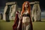 Placeholder: Full body shot of a tall slim red-headed young woman, dressed like a gipsy, standing in front of Stonehenge in a flaming circle