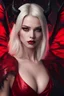 Placeholder: demon succubus female, normal ears, red eyes, super model, head to hip shot , 20 years old, platinum blonde shoulder length hair,dark fleshy wing, wearing red dress, realism, realistic, 8k, party background