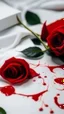 Placeholder: blonde hair strands cuts . white fabric background. measuring tape .drops of blood.red rose. red envlope .cinematic