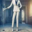 Placeholder: Woman standing with crutch, suit, toy shop background