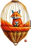 Placeholder: Color illustration of a ultra photo realistic happy red fox sitting inside a detailed wicker basket which is hanging below a perfect round orange colored hot air ballon on a white backgound, the fox is not inside the ballon, you can see the fox's tail, nothing should be hanging from the basket, full image of hot air ballon, every element; fox, wicker basket, ballon should be in proportion to one another, in the background you can see the leaning tower of Piza