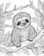 Placeholder: create a 2d black outline, "safari smiling cartoon sloth on a branch coloring book for kids", coloring page, low details design, black contour, coloring page design, simple background, colorful , card style, coloring page for kids, white background, sketch style, safari landscape, cartoon style