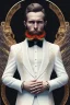 Placeholder: 8K, a Highly detailed stunning portrait of Dom man with a kneeling submissive woman, white suit, beard, and short hair, bad boy